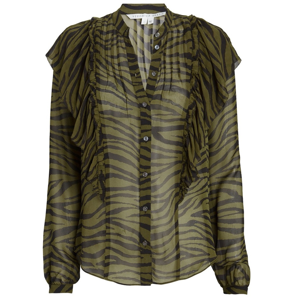 New VERONICA BEARD Camilla Ruffled Zebra Print Blouse 100% Silk - Size 2
